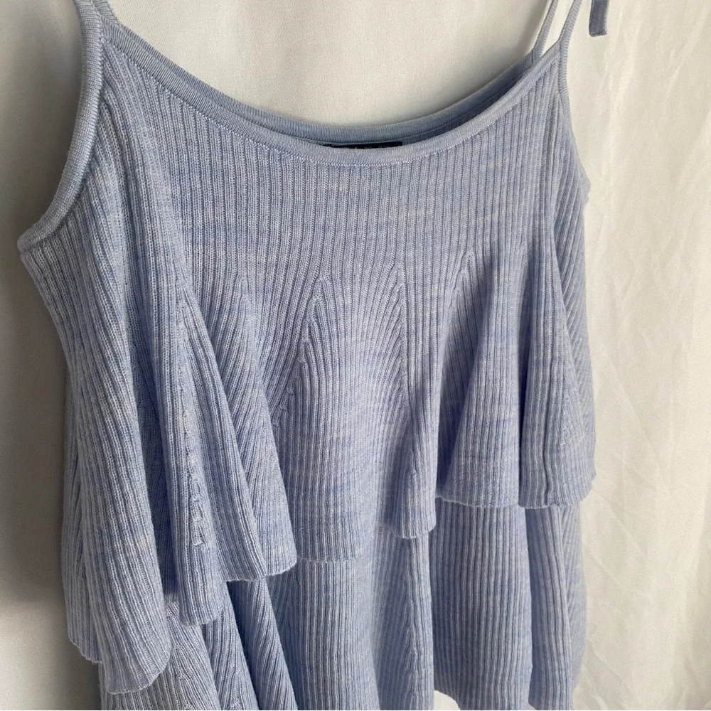 J. Crew Blue 100% Merino Wool Knit Ruffle Top Size Small Tie Straps